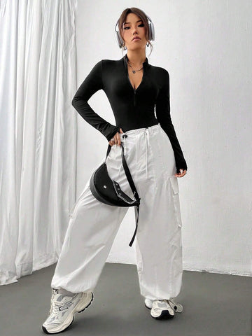 2pcs White & Black Mock Neck Zip-Front Long Sleeve Bodysuit 2pcs White & Black Mock Neck Zip-Front Long Sleeve Bodysuit