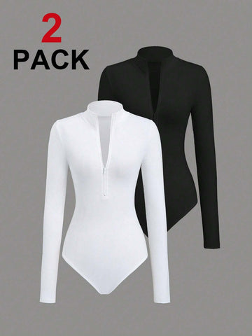 2pcs White & Black Mock Neck Zip-Front Long Sleeve Bodysuit 2pcs White & Black Mock Neck Zip-Front Long Sleeve Bodysuit