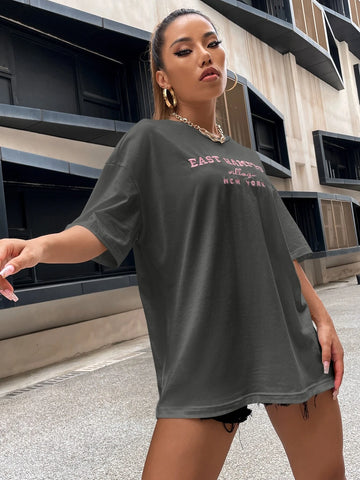 Drop Shoulder Letter Embroidery Top Drop Shoulder Letter Embroidery Top