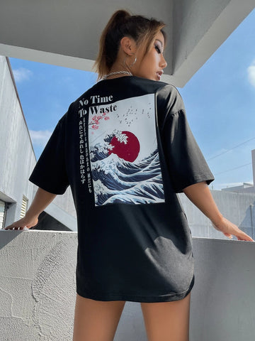 Japanese Graphic Drop Shoulder Tee, No Time To Waste Sunrise In The East Japanese Graphic Drop Shoulder Tee, No Time To Waste Sunrise In The East