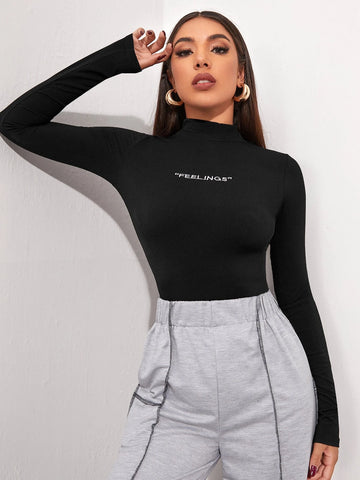 Mock Neck Letter Embroidered Rib-knit Tee Mock Neck Letter Embroidered Rib-knit Tee