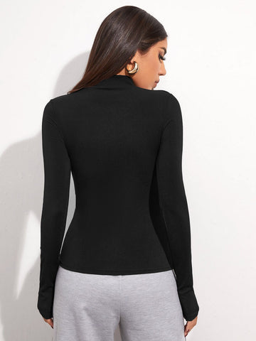 Mock Neck Letter Embroidered Rib-knit Tee Mock Neck Letter Embroidered Rib-knit Tee