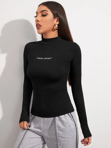 Mock Neck Letter Embroidered Rib-knit Tee Mock Neck Letter Embroidered Rib-knit Tee