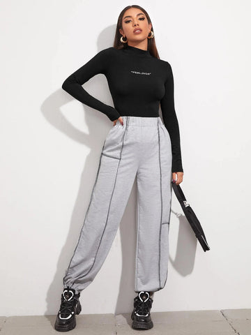 Mock Neck Letter Embroidered Rib-knit Tee Mock Neck Letter Embroidered Rib-knit Tee