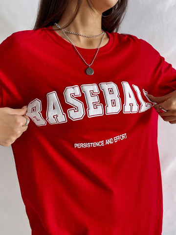 Slogan Graphic Drop Shoulder Tee BASEBALL PERSISTENCE AND EFFORT Slogan Graphic Drop Shoulder Tee BASEBALL PERSISTENCE AND EFFORT