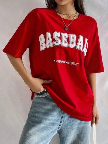 Slogan Graphic Drop Shoulder Tee BASEBALL PERSISTENCE AND EFFORT Slogan Graphic Drop Shoulder Tee BASEBALL PERSISTENCE AND EFFORT