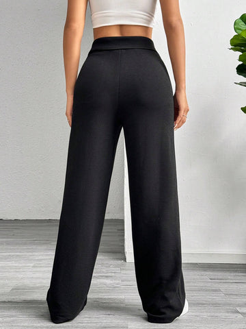 MOOSTA Solid Color Fold-Over Waist Women Casual Wide Leg Pants MOOSTA Solid Color Fold-Over Waist Women Casual Wide Leg Pants