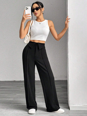 MOOSTA Solid Color Fold-Over Waist Women Casual Wide Leg Pants MOOSTA Solid Color Fold-Over Waist Women Casual Wide Leg Pants