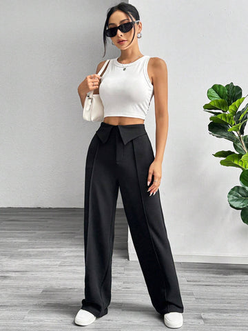 MOOSTA Solid Color Fold-Over Waist Women Casual Wide Leg Pants MOOSTA Solid Color Fold-Over Waist Women Casual Wide Leg Pants