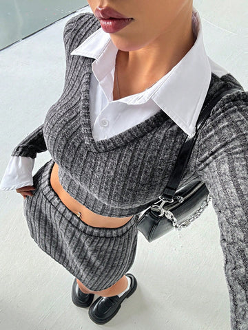Textured Polo Collar Long Sleeve Fitted Sweater Top And A-Line Skirt Set, Preppy Style Textured Polo Collar Long Sleeve Fitted Sweater Top And A-Line Skirt Set, Preppy Style