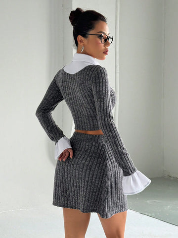 Textured Polo Collar Long Sleeve Fitted Sweater Top And A-Line Skirt Set, Preppy Style Textured Polo Collar Long Sleeve Fitted Sweater Top And A-Line Skirt Set, Preppy Style