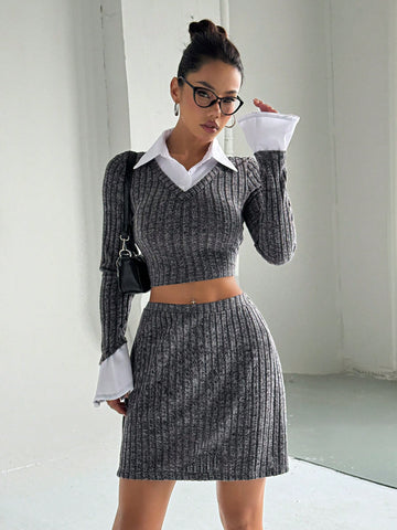 Textured Polo Collar Long Sleeve Fitted Sweater Top And A-Line Skirt Set, Preppy Style Textured Polo Collar Long Sleeve Fitted Sweater Top And A-Line Skirt Set, Preppy Style