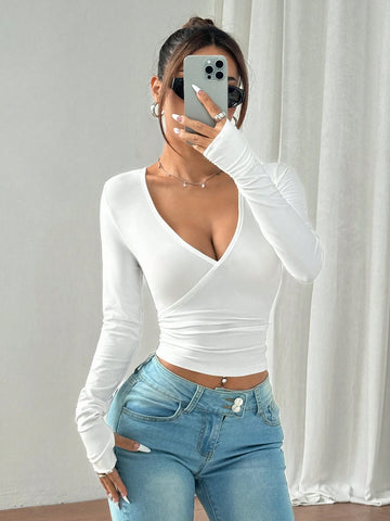 Women V-Neck Long Sleeve Solid Color Minimalist T-Shirt, Casual For Daily Wear Women V-Neck Long Sleeve Solid Color Minimalist T-Shirt, Casual For Daily Wear