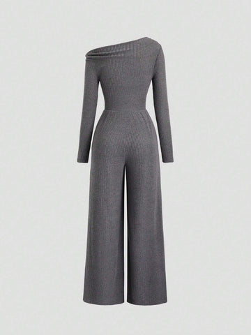 Women's Asymmetric Neck Drape V-Neck Street Casual Business Jumpsuit, Charcoal Gray Women's Asymmetric Neck Drape V-Neck Street Casual Business Jumpsuit, Charcoal Gray