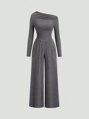 Women's Asymmetric Neck Drape V-Neck Street Casual Business Jumpsuit, Charcoal Gray Women's Asymmetric Neck Drape V-Neck Street Casual Business Jumpsuit, Charcoal Gray