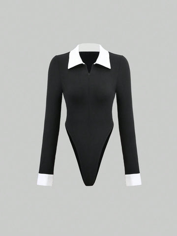 Women's Bodysuit Street Style Sexy Polo Collar Fitted Top, Contrasting Retro High-End Long Sleeve Undershirt Women's Bodysuit Street Style Sexy Polo Collar Fitted Top, Contrasting Retro High-End Long Sleeve Undershirt