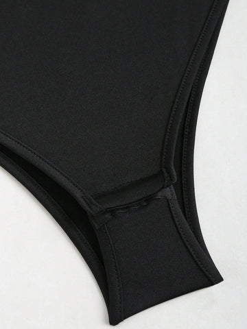 Women's Solid Color Scoop Neck Backless Bodysuit, Long Sleeve Women's Solid Color Scoop Neck Backless Bodysuit, Long Sleeve