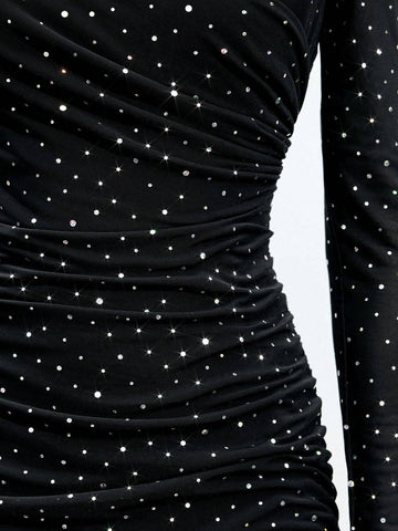 1pc Women Black Mesh Rhinestone Decor Mini Dress 1pc Women Black Mesh Rhinestone Decor Mini Dress