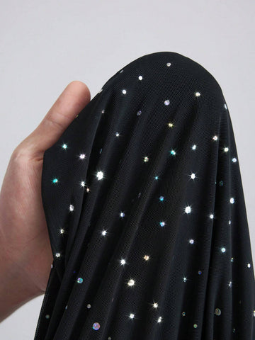 1pc Women Black Mesh Rhinestone Decor Mini Dress 1pc Women Black Mesh Rhinestone Decor Mini Dress