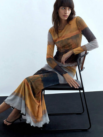 2pcs Women's Autumn Tie-Dye Print Crew Neck Long Sleeve Top And Skirt Set 2pcs Women's Autumn Tie-Dye Print Crew Neck Long Sleeve Top And Skirt Set