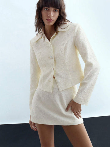 2pcs Women's Elegant White Solid Color Button Placket Long Sleeve Top And Skirt Set, Autumn 2pcs Women's Elegant White Solid Color Button Placket Long Sleeve Top And Skirt Set, Autumn