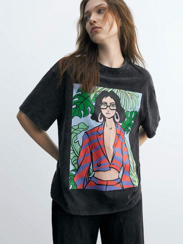 Maija Black Tropical Plant & Figure Printed Round Neck Short Sleeve Casual T-Shirt For Women, Summer Maija Black Tropical Plant & Figure Printed Round Neck Short Sleeve Casual T-Shirt For Women, Summer