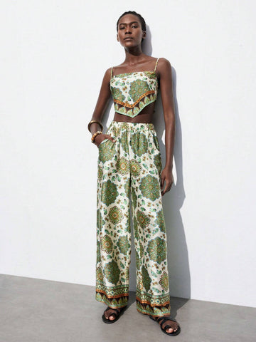 Vintage Floral Printed Cami Top And Long Pants Set For Women Vintage Floral Printed Cami Top And Long Pants Set For Women