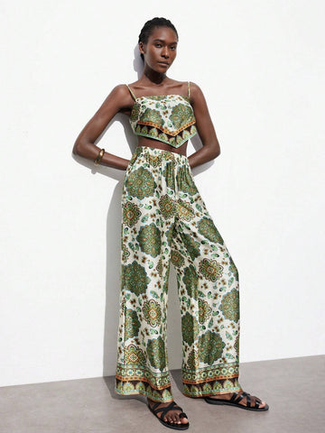 Vintage Floral Printed Cami Top And Long Pants Set For Women Vintage Floral Printed Cami Top And Long Pants Set For Women