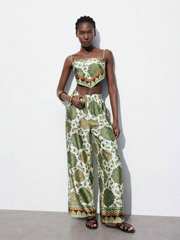 Vintage Floral Printed Cami Top And Long Pants Set For Women Vintage Floral Printed Cami Top And Long Pants Set For Women