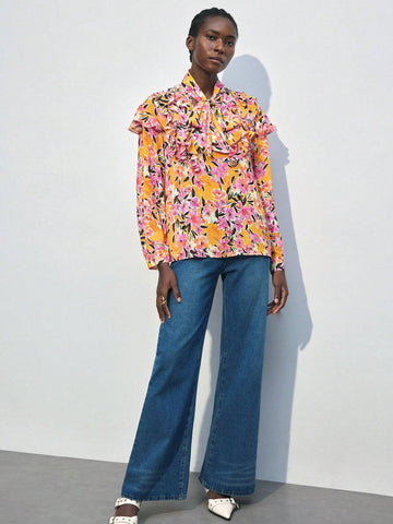 Maija Women's Floral Print Tie Neck Long Sleeve Elegant Blouse Maija Women's Floral Print Tie Neck Long Sleeve Elegant Blouse