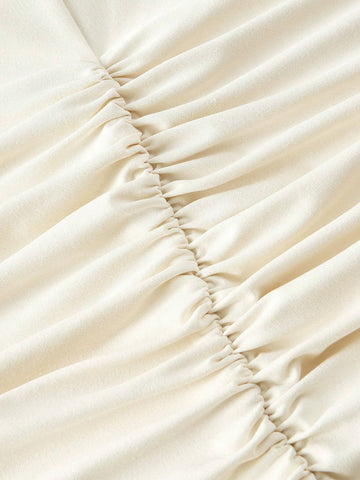 Women's Solid Color Round Neck Puff Sleeve Pleated Casual Bodysuit, Autumn Women's Solid Color Round Neck Puff Sleeve Pleated Casual Bodysuit, Autumn