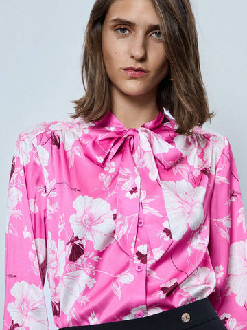 Maija Women's Spring/Summer Floral Print Tie Neck Long Sleeve Elegant Office Blouse Maija Women's Spring/Summer Floral Print Tie Neck Long Sleeve Elegant Office Blouse