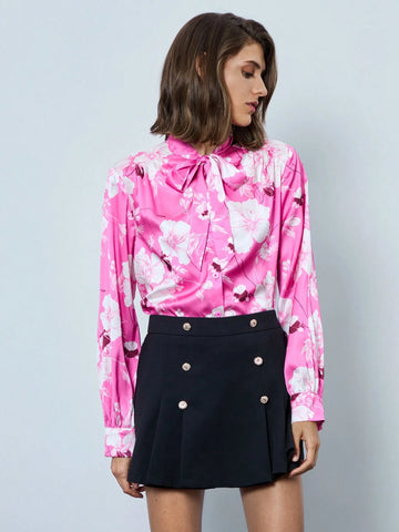 Maija Women's Spring/Summer Floral Print Tie Neck Long Sleeve Elegant Office Blouse Maija Women's Spring/Summer Floral Print Tie Neck Long Sleeve Elegant Office Blouse