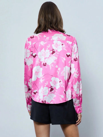 Maija Women's Spring/Summer Floral Print Tie Neck Long Sleeve Elegant Office Blouse Maija Women's Spring/Summer Floral Print Tie Neck Long Sleeve Elegant Office Blouse
