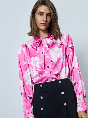 Maija Women's Spring/Summer Floral Print Tie Neck Long Sleeve Elegant Office Blouse Maija Women's Spring/Summer Floral Print Tie Neck Long Sleeve Elegant Office Blouse