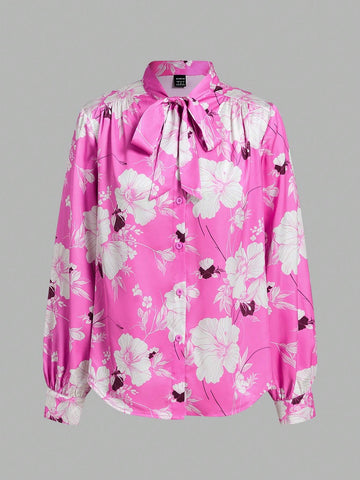 Maija Women's Spring/Summer Floral Print Tie Neck Long Sleeve Elegant Office Blouse Maija Women's Spring/Summer Floral Print Tie Neck Long Sleeve Elegant Office Blouse