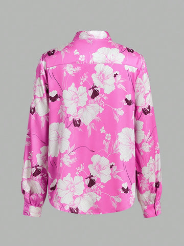 Maija Women's Spring/Summer Floral Print Tie Neck Long Sleeve Elegant Office Blouse Maija Women's Spring/Summer Floral Print Tie Neck Long Sleeve Elegant Office Blouse