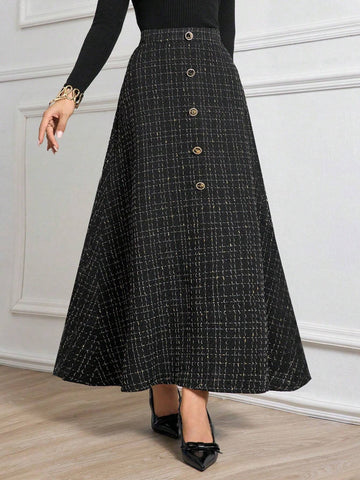 Modely 1pc Women Elegant Woven Thick Tweed Button A-Line Skirt Maxi Women Outfit Modely 1pc Women Elegant Woven Thick Tweed Button A-Line Skirt Maxi Women Outfit