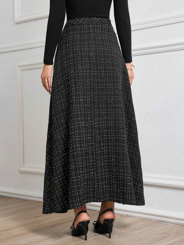 Modely 1pc Women Elegant Woven Thick Tweed Button A-Line Skirt Maxi Women Outfit Modely 1pc Women Elegant Woven Thick Tweed Button A-Line Skirt Maxi Women Outfit