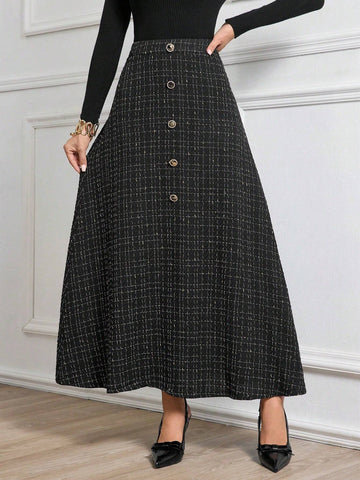 Modely 1pc Women Elegant Woven Thick Tweed Button A-Line Skirt Maxi Women Outfit Modely 1pc Women Elegant Woven Thick Tweed Button A-Line Skirt Maxi Women Outfit