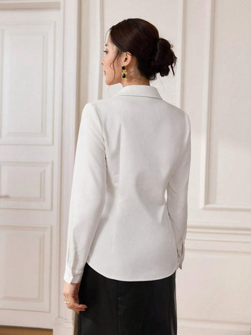 Modely 1pc Women's Fleece Lined Mandarin Collar Shirt With Pearl Button Modely 1pc Women's Fleece Lined Mandarin Collar Shirt With Pearl Button