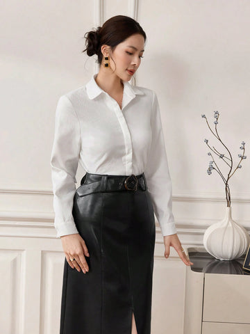 Modely 1pc Women's Fleece Lined Mandarin Collar Shirt With Pearl Button Modely 1pc Women's Fleece Lined Mandarin Collar Shirt With Pearl Button