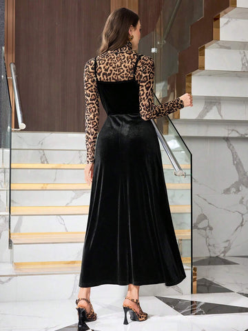 2pcs/Set Women Leopard Print Turtleneck Long Sleeve Top And Solid Color Velvet Slip Dress, Long Dress 2pcs/Set Women Leopard Print Turtleneck Long Sleeve Top And Solid Color Velvet Slip Dress, Long Dress