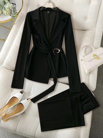 2pcs Women's Solid Color Lapel Collar Long Sleeve Elegant Suit Jacket & Pants Set, Spring Autumn 2pcs Women's Solid Color Lapel Collar Long Sleeve Elegant Suit Jacket & Pants Set, Spring Autumn