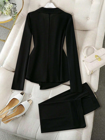 2pcs Women's Solid Color Lapel Collar Long Sleeve Elegant Suit Jacket & Pants Set, Spring Autumn 2pcs Women's Solid Color Lapel Collar Long Sleeve Elegant Suit Jacket & Pants Set, Spring Autumn