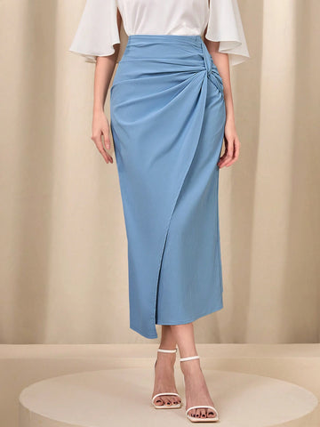 Modely Solid Color Waist Ruched Twist Skirt For Women Modely Solid Color Waist Ruched Twist Skirt For Women