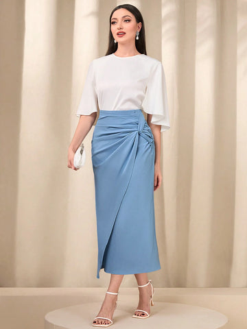 Modely Solid Color Waist Ruched Twist Skirt For Women Modely Solid Color Waist Ruched Twist Skirt For Women