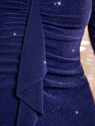 Modely Women'S Asymmetrical Neck Ruffle Hem Glitter Bodycon Dress Modely Women'S Asymmetrical Neck Ruffle Hem Glitter Bodycon Dress