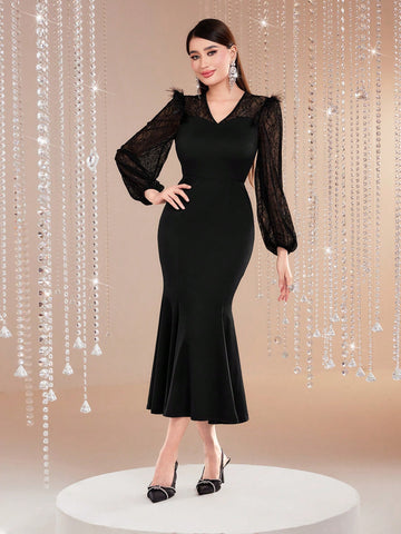 Modely Women'S Patchwork Ostrich Feather Lace Mermaid Hem Bodycon Dress Modely Women'S Patchwork Ostrich Feather Lace Mermaid Hem Bodycon Dress