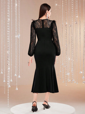 Modely Women'S Patchwork Ostrich Feather Lace Mermaid Hem Bodycon Dress Modely Women'S Patchwork Ostrich Feather Lace Mermaid Hem Bodycon Dress